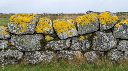 A stone wall adorned with vibrant yellow lichen and moss in a natural setting. photo