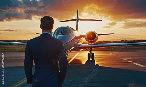 Businessman observing private jet at sunset on runway