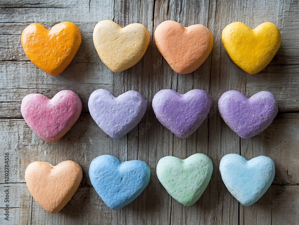 Fototapeta premium Pastel heart shapes arranged neatly on rustic wood background displaying vibrant colors. AI Generated