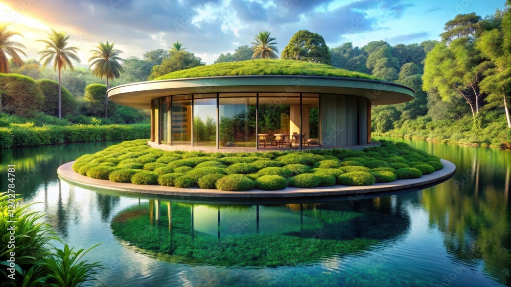 Serene Circular Home on a Lush Green Island in a Tranquil Pond Serene Circular Home on a Lush Green Island in a Tranquil Pond