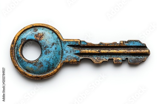 A vintage key with a distressed blue and gold finish, suggesting age and character.