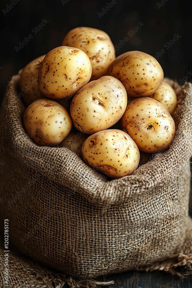 Pile of fresh potatoes on burlap, rustic setting, earthy tones Pile of fresh potatoes on burlap, rustic setting, earthy tones