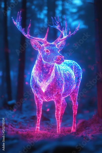 Neonlit stag in an enchanted forest, glowing brightly in a mystical, twilight setting