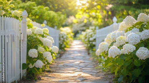 A white picket fence lined with blossoming hydrangeas, framed with a sunlit garden path leading into the scene.