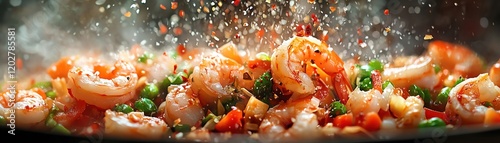 Shrimp and vegetables tossed in a hot wok, vibrant colors, action shot photo