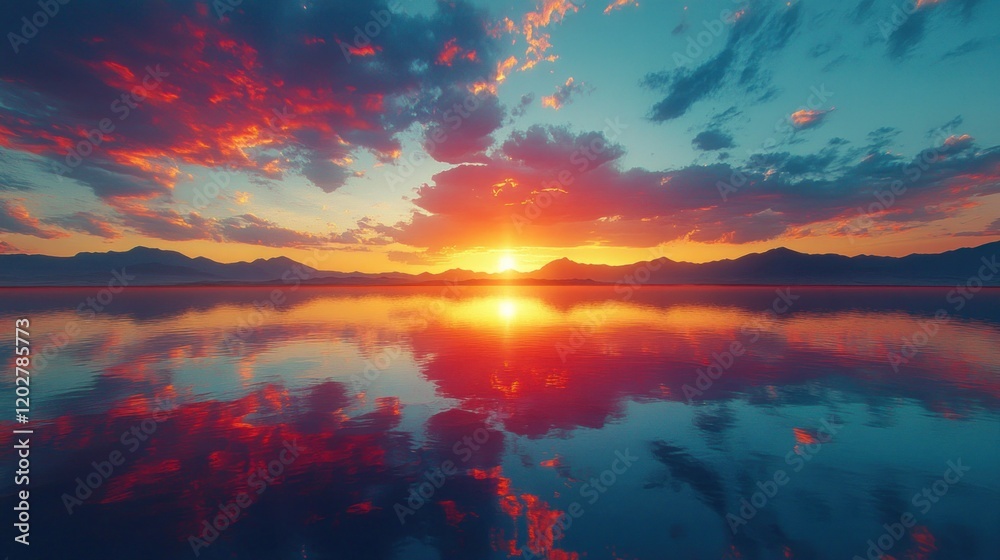Fototapeta premium Vibrant sunset reflected in calm lake.