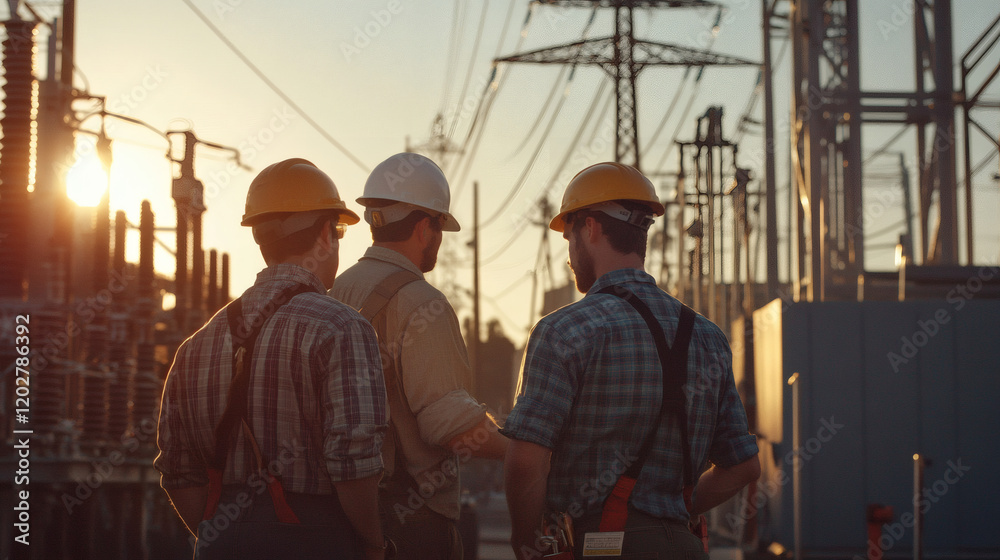 Workers in safety gear inspecting a power plant with high voltage lines and towers Workers in safety gear inspecting a power plant with high voltage lines and towers
