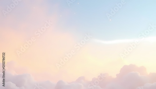 Serene sky with pastel clouds and soft sunlight.