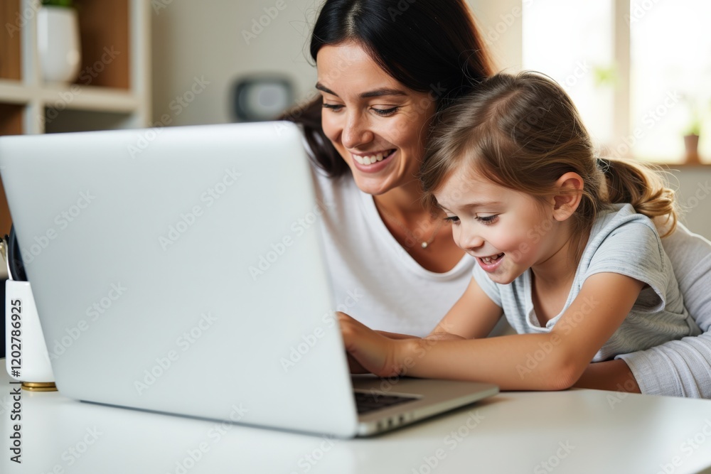 Joyful Mother and Daughter Engaged in Learning Together on Laptop at Home, Celebrating Creativity, Technology, and Family Bonding Joyful Mother and Daughter Engaged in Learning Together on Laptop at Home, Celebrating Creativity, Technology, and Family Bonding