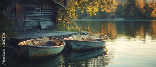 Two weathered rowboats rest alongside a rustic cabin on a serene lake, embraced by the warm glow of a setting sun. photo