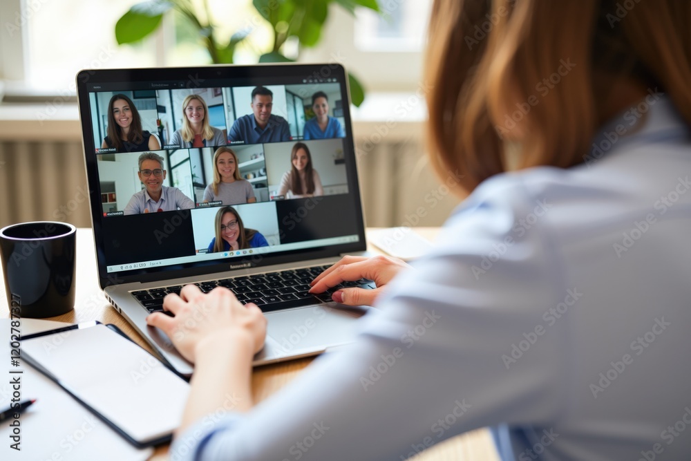 Professional Virtual Meeting with Multiple Participants on Laptop Screen; Engaging Conversation and Team Collaboration during Online Conference Professional Virtual Meeting with Multiple Participants on Laptop Screen; Engaging Conversation and Team Collaboration during Online Conference