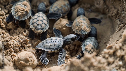 Baby turtles hatching from cracked eggs in the sand photo