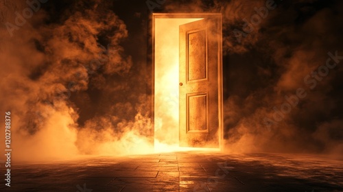 A glowing door surrounded by smoke, suggesting mystery and intrigue. photo