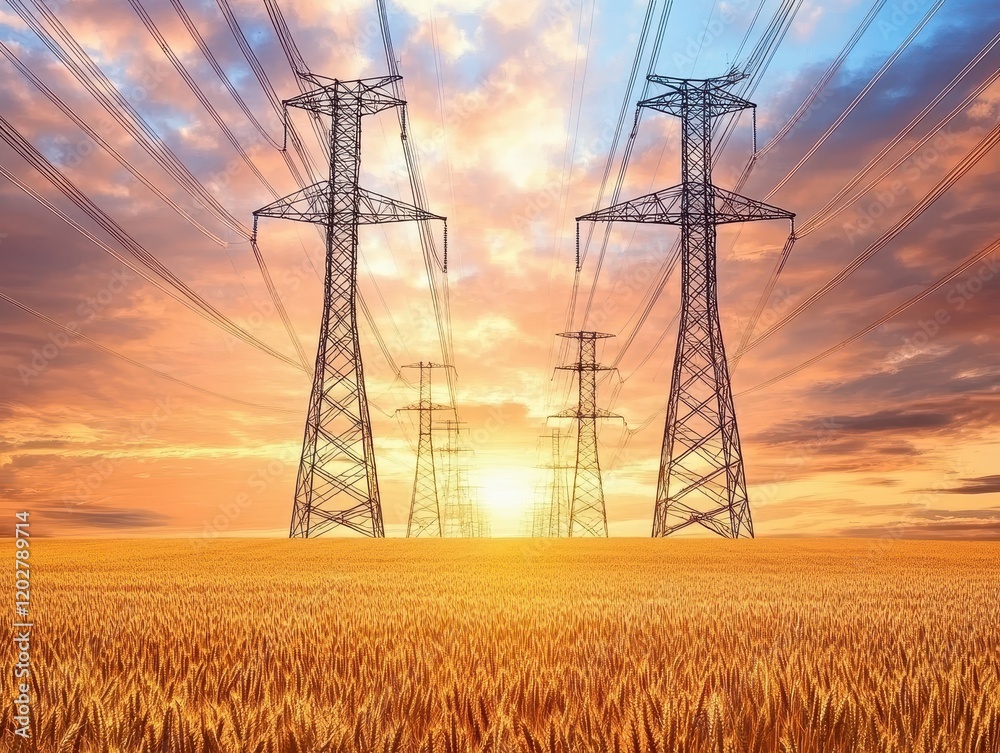 Power lines stretch over golden wheat fields, capturing the beauty of agriculture and energy in a serene landscape. Power lines stretch over golden wheat fields, capturing the beauty of agriculture and energy in a serene landscape.