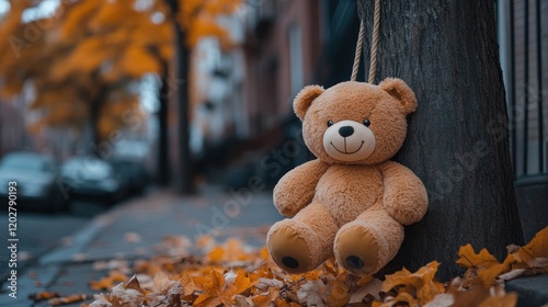 Abandoned teddy, autumn street, city background