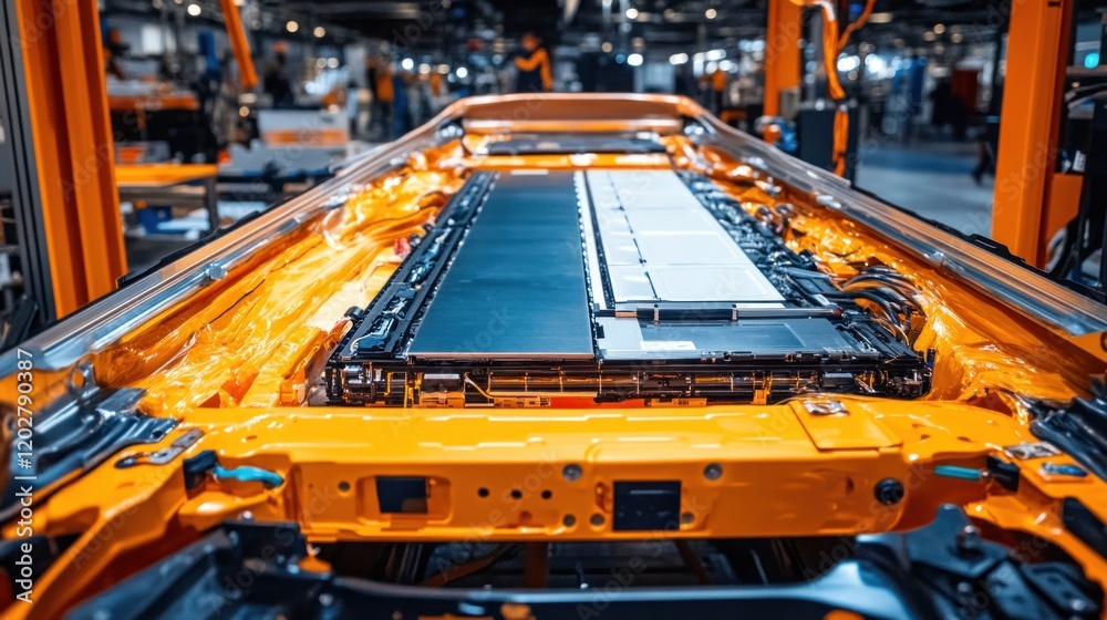 A close-up view of an electric vehicle battery pack in a manufacturing setting. A close-up view of an electric vehicle battery pack in a manufacturing setting.