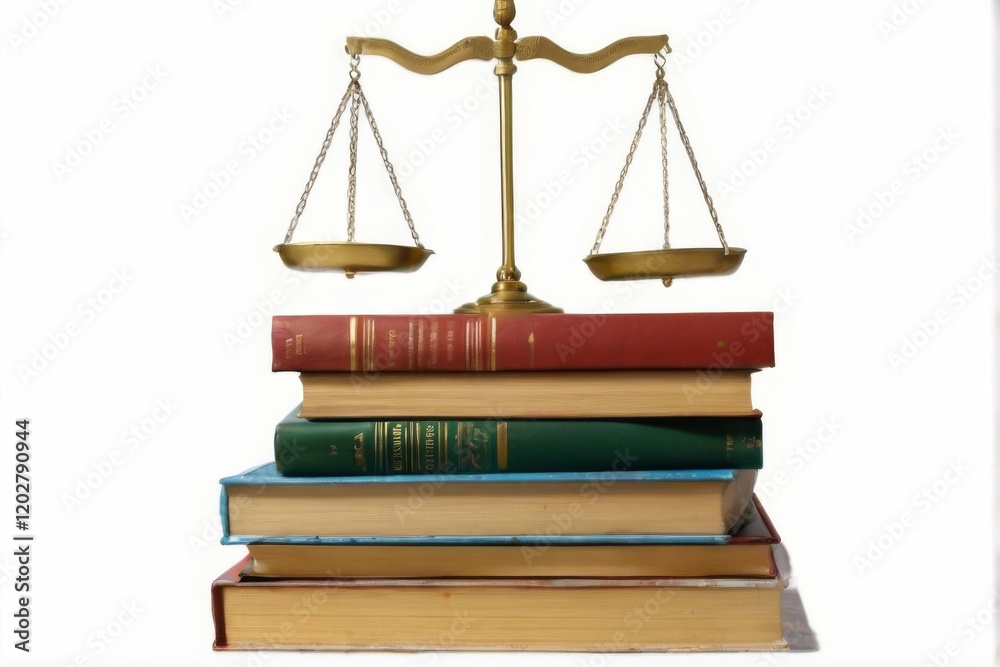 Golden Balance Scale on Colorful Books Pyramid, Symbolizing Balance and Justice White Background Golden Balance Scale on Colorful Books Pyramid, Symbolizing Balance and Justice White Background