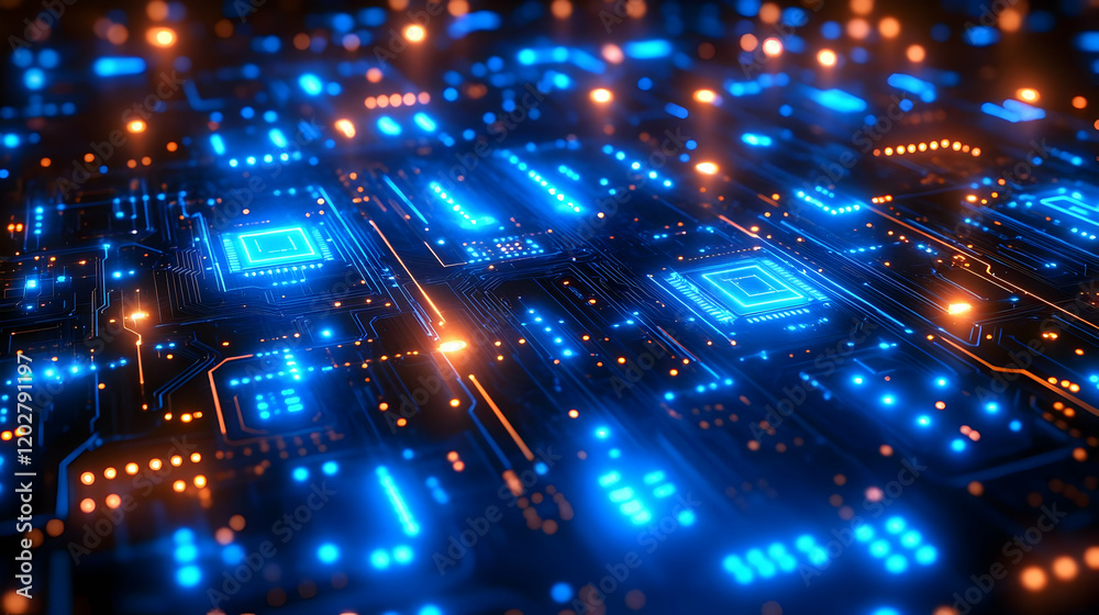 Fototapeta premium Abstract Glowing Circuit Board: Digital Network Technology Background