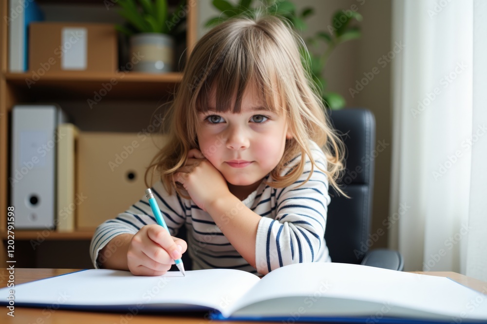 Focused Child Engaged in Learning at Home with Open Book and Pencil, Capturing Curiosity, Study Habits, and Childhood Education Focused Child Engaged in Learning at Home with Open Book and Pencil, Capturing Curiosity, Study Habits, and Childhood Education