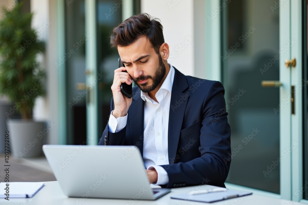 Professional Man Engaged in Business Communication with Laptop and Smartphone in Modern Office Environment Professional Man Engaged in Business Communication with Laptop and Smartphone in Modern Office Environment