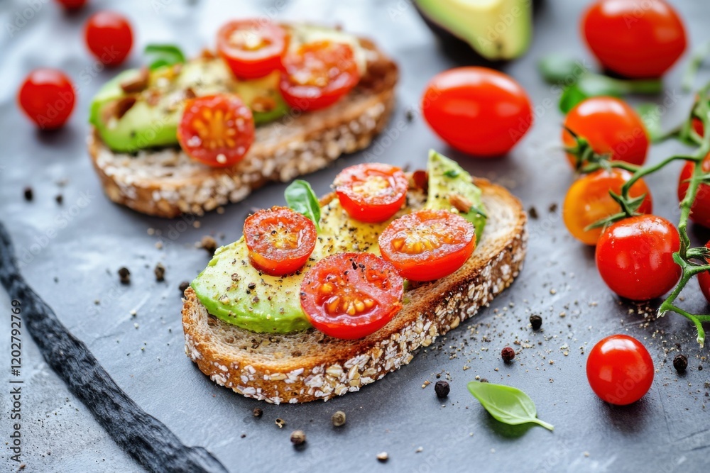 A creative display of a Mediterranean diet breakfast, featuring whole grain toast, avocado A creative display of a Mediterranean diet breakfast, featuring whole grain toast, avocado