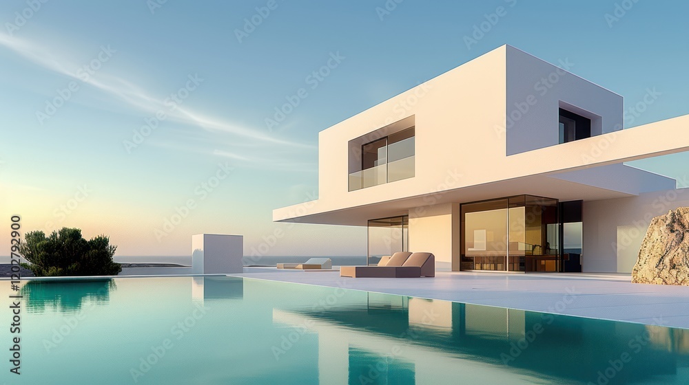 Fototapeta premium Minimalist Sunset Villa with Pool: A Stunning Modern Cubic Exterior