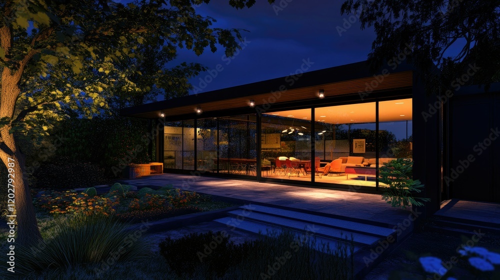 Fototapeta premium A night view of a terrace with glowing lights, framed by aluminum sliding doors.