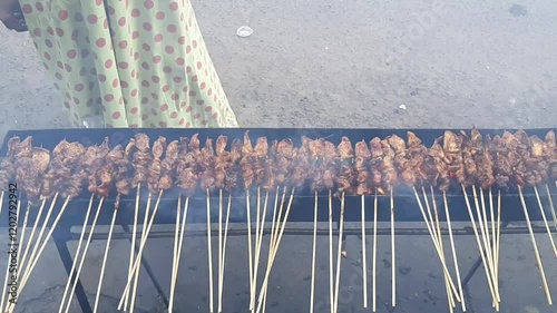 Chicken Satay Grilled On Grills With Smoke