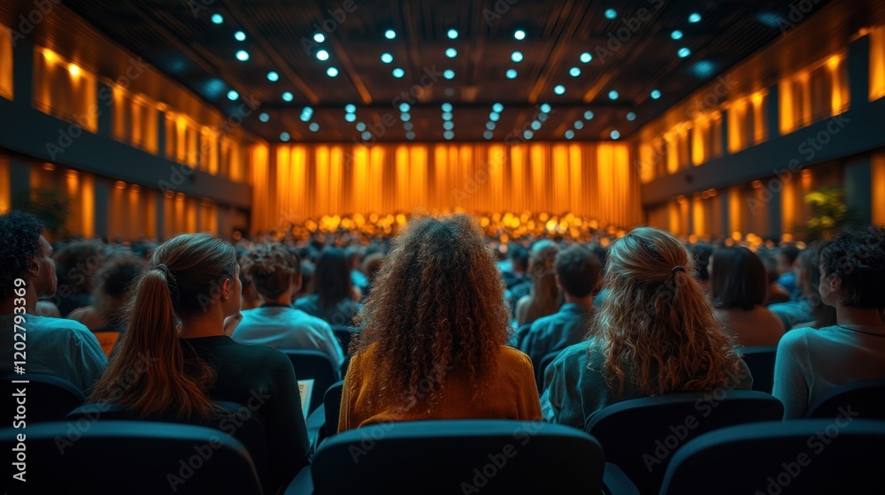 Engaging Event Crowd Enjoying a Performance in a Well-Lit Auditorium Engaging Event Crowd Enjoying a Performance in a Well-Lit Auditorium