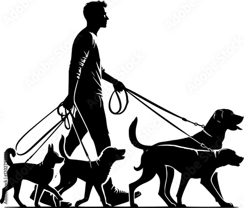 Male dog walker sitter walking with group of pets silhouette vector graphic. EPS 10 version.