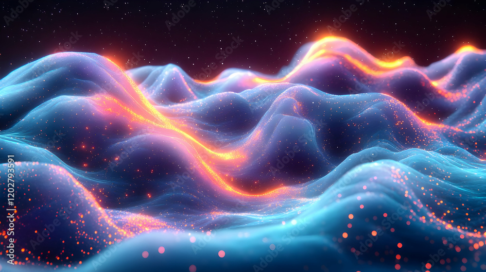 Abstract glowing wave landscape with bright particles and cosmic texture Abstract glowing wave landscape with bright particles and cosmic texture