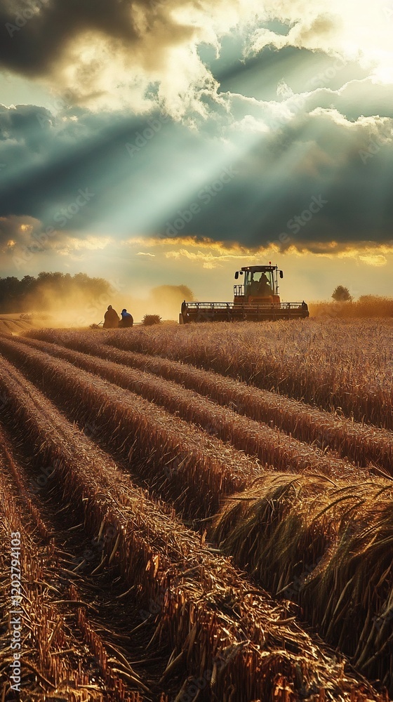 Fototapeta premium Golden Hour Harvest: Dramatic light illuminates hardworking combine harvesting ripe wheat field. AI Generated