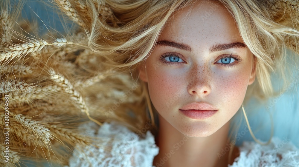 Blonde woman, wheat field, summer, beauty, skincare ad Blonde woman, wheat field, summer, beauty, skincare ad