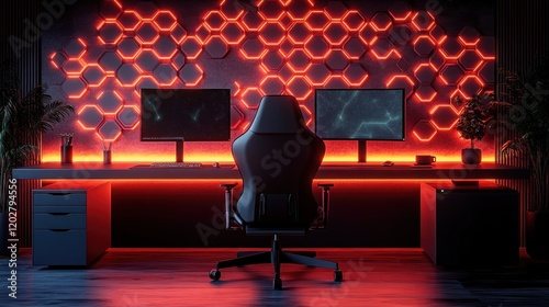 Red-lit gaming setup with hexagonal wall.
