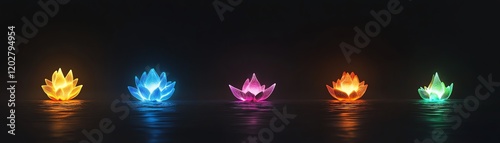 A serene display of colorful lotus flowers, symbolizing peace and enlightenment, illuminated against a dark backdrop. photo