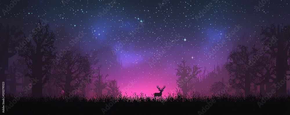 Obraz premium A serene night landscape featuring a deer silhouetted against a vibrant starry sky and colorful horizon.