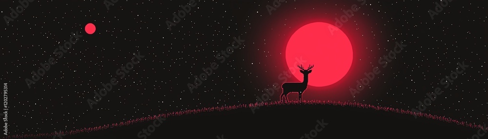 A silhouette of a deer standing against a vibrant red sun on a dark hill, creating a magical atmosphere. A silhouette of a deer standing against a vibrant red sun on a dark hill, creating a magical atmosphere.