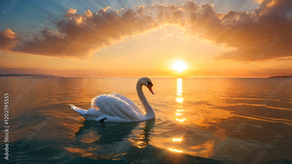 Fototapeta premium Swan swims in the sea. Dusk and sunset scenery. 