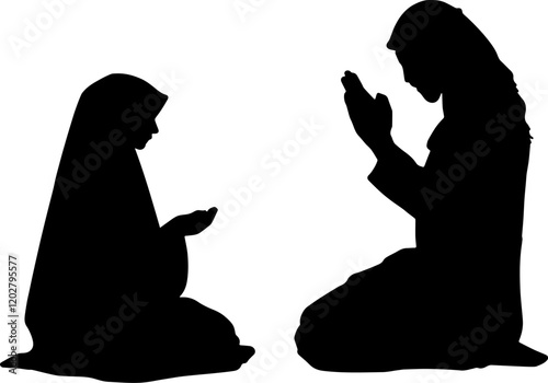 Vector silhouette of a muslim couple praying together