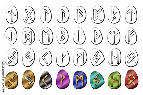 Nine sets of runes of different colors. Runic alphabet, futhark. Writing of the ancient Germans and Scandinavians. Mystical symbols. Esoterics, occultism, magic. Fortune telling, predicting the future