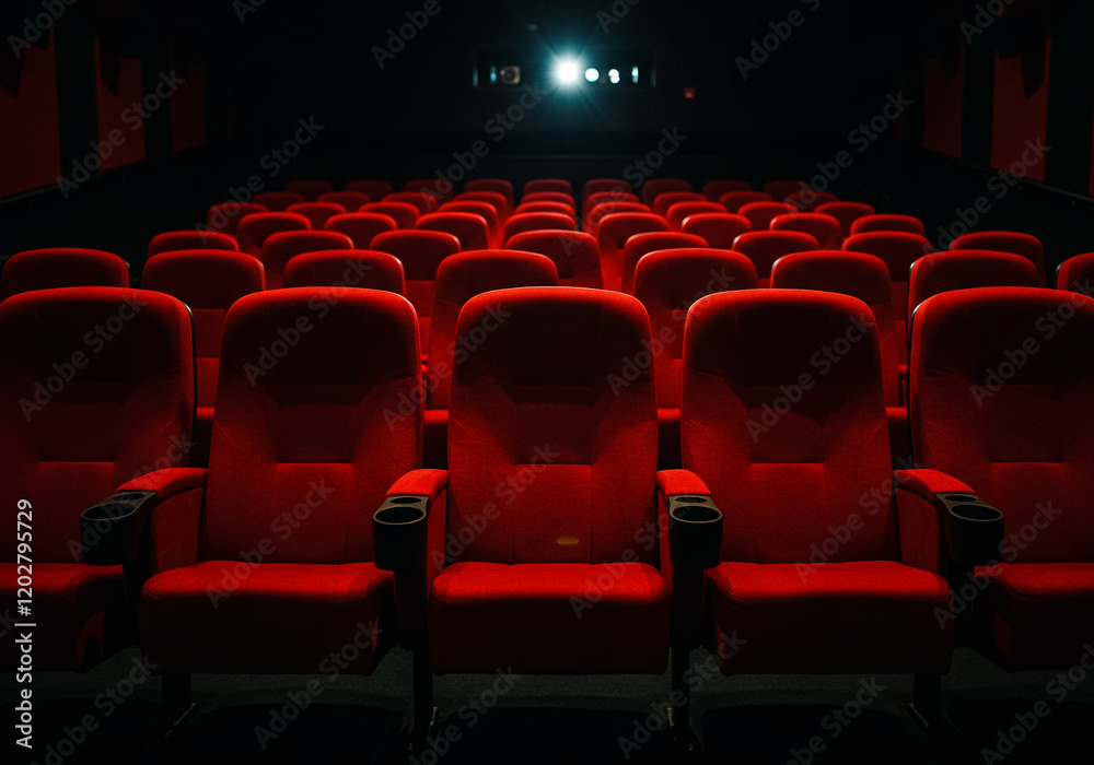 Obraz premium 暗闇とプロジェクターの光に包まれた赤い映画館の空席 - シネマ、エンターテイメント、レジャー、文化、イベントの背景