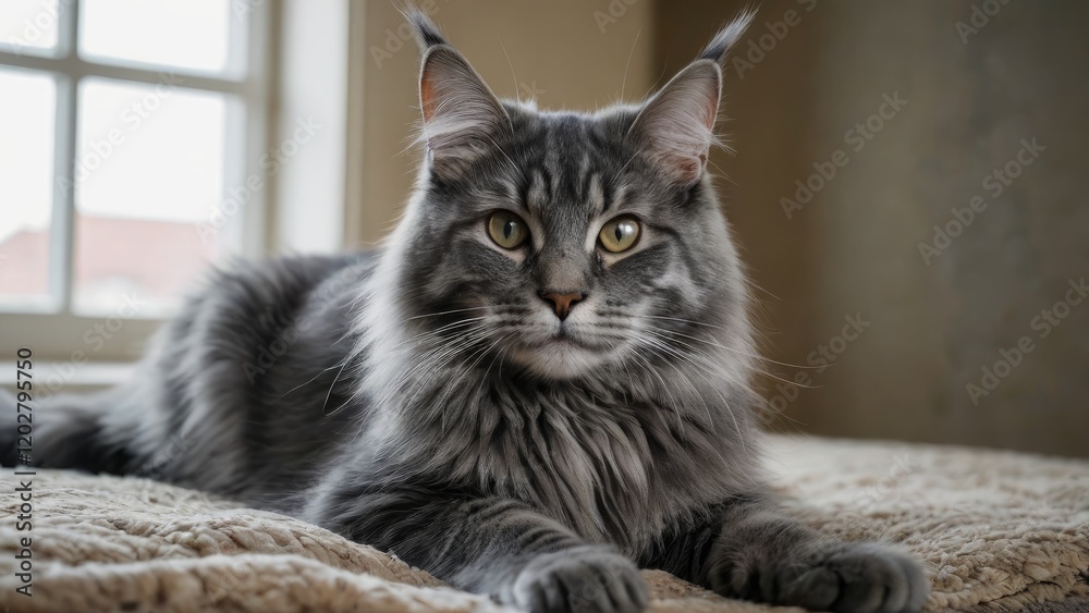 Obraz premium Blue maine coon cat laying on the floor indoor