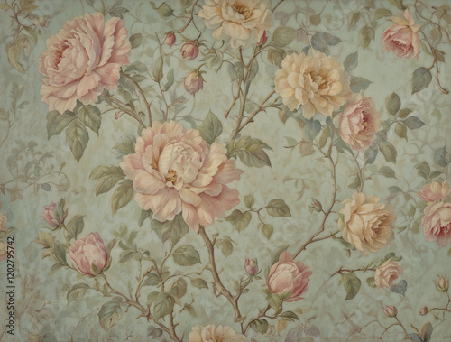 A detailed close-up of a vintage floral wallpaper, showcasing its intricate pastel patterns that have gracefully faded over time
