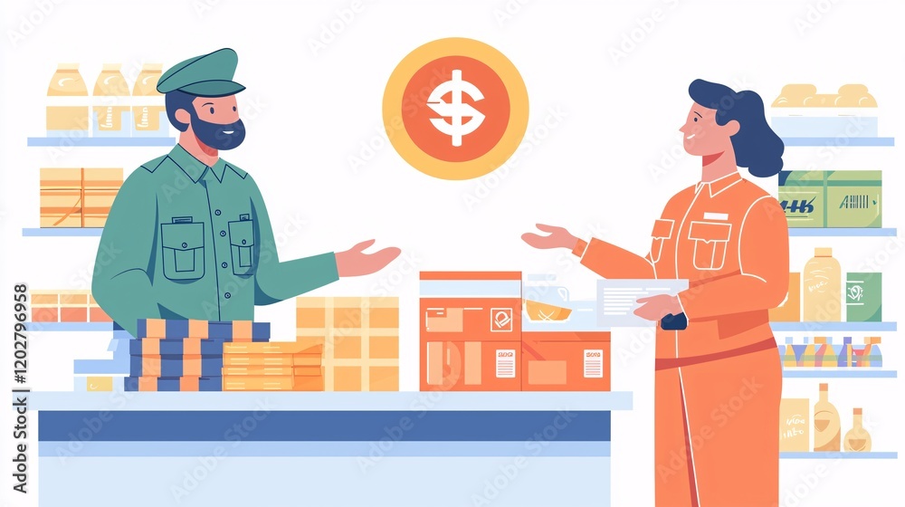 vector illustration of a customs officer inspecting goods with a tariff symbol floating above, isolated on a clean white background. [International trade]:[Tariff barriers].isolate on white 