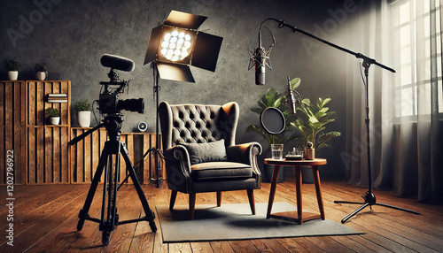 Studio setup for interview with arm chair and mic 
