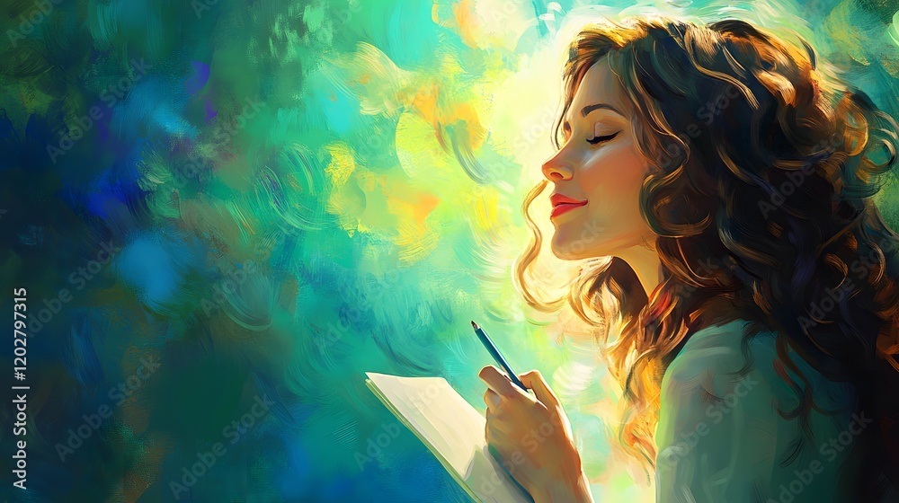 custom made wallpaper toronto digitalWoman with flowing hair writing in a notebook