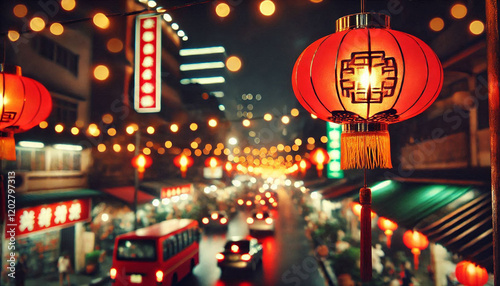 Happy chinese new year with traditional red lantern hanging for celebration, blurred street night background