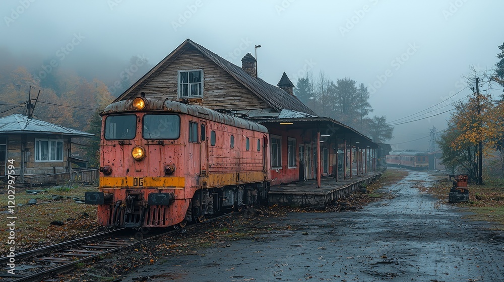 Obraz premium Rusty Locomotive at a Foggy Autumn Train Station