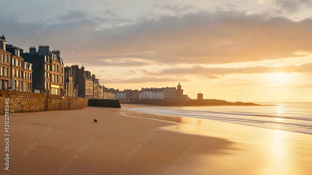 Coastal town sunrise, beach, ocean, golden light, tranquil morning scene, perfect for travel brochures