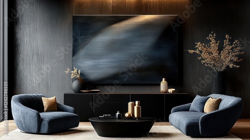 Art Deco Minimalist Living Room with Blue Sofa, Armchair, and Black Cabinet Against Stucco Wall